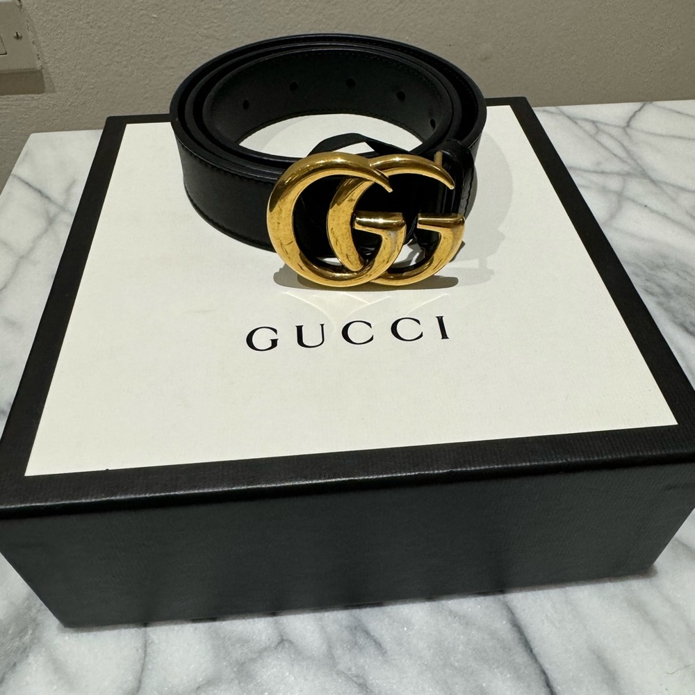 GUCCI BLACK LEATHER GG MARMONT BELT -SIZE 80 X 32
